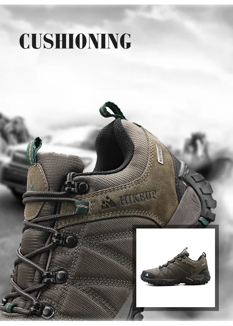 HIKEUP Four-Season Men's Hiking Shoes Outdoor Sports Genuine Leather Wear-Resistant Climbing Shoes Rubber Sole Trekking Sneaker