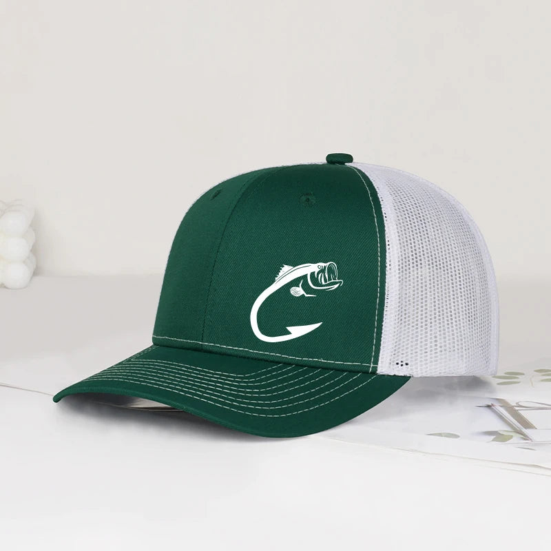 Bass Fish Hook Print Trucker Hat Adjustable Unisex Mesh Fishing Fan Sun Hat