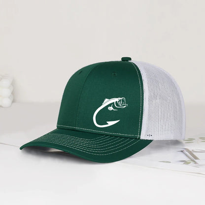 Bass Fish Hook Print Trucker Hat Adjustable Unisex Mesh Fishing Fan Sun Hat