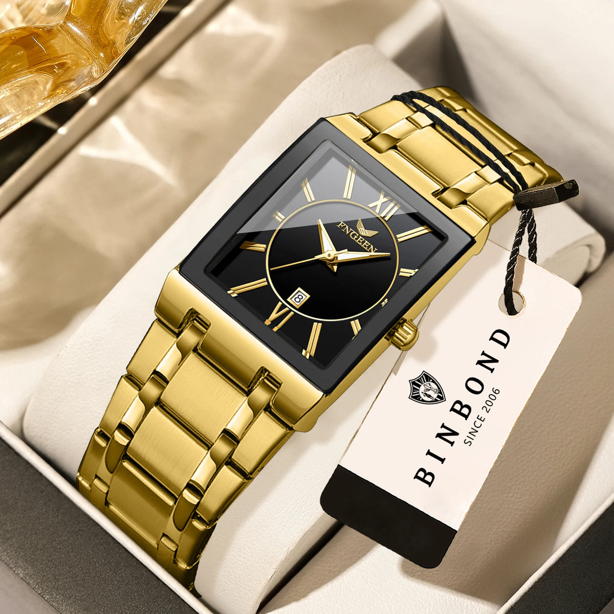 Luxuriöse BINBOND-Herrenarmbanduhr mit präzisem Quarzwerk, Leuchtzeiger, wasserdicht, automatische Datumsanzeige, aus strapazierfähigem Edelstahl, lässiger Stil.