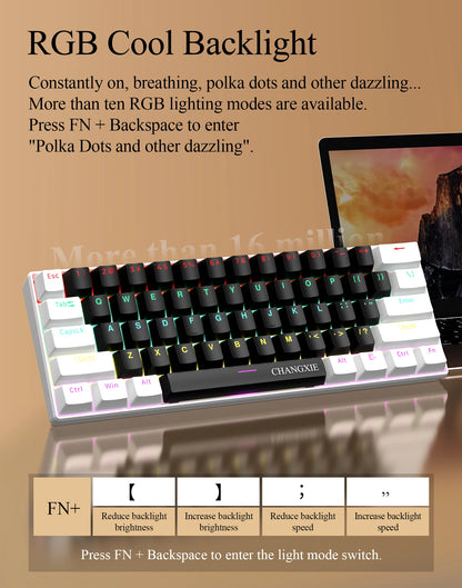 60% Compact Wired Mechanical Keyboard 61 Keys RGB Backlight Red Switch Ergonomic Small Portable for Office Computer Windows Tabl
