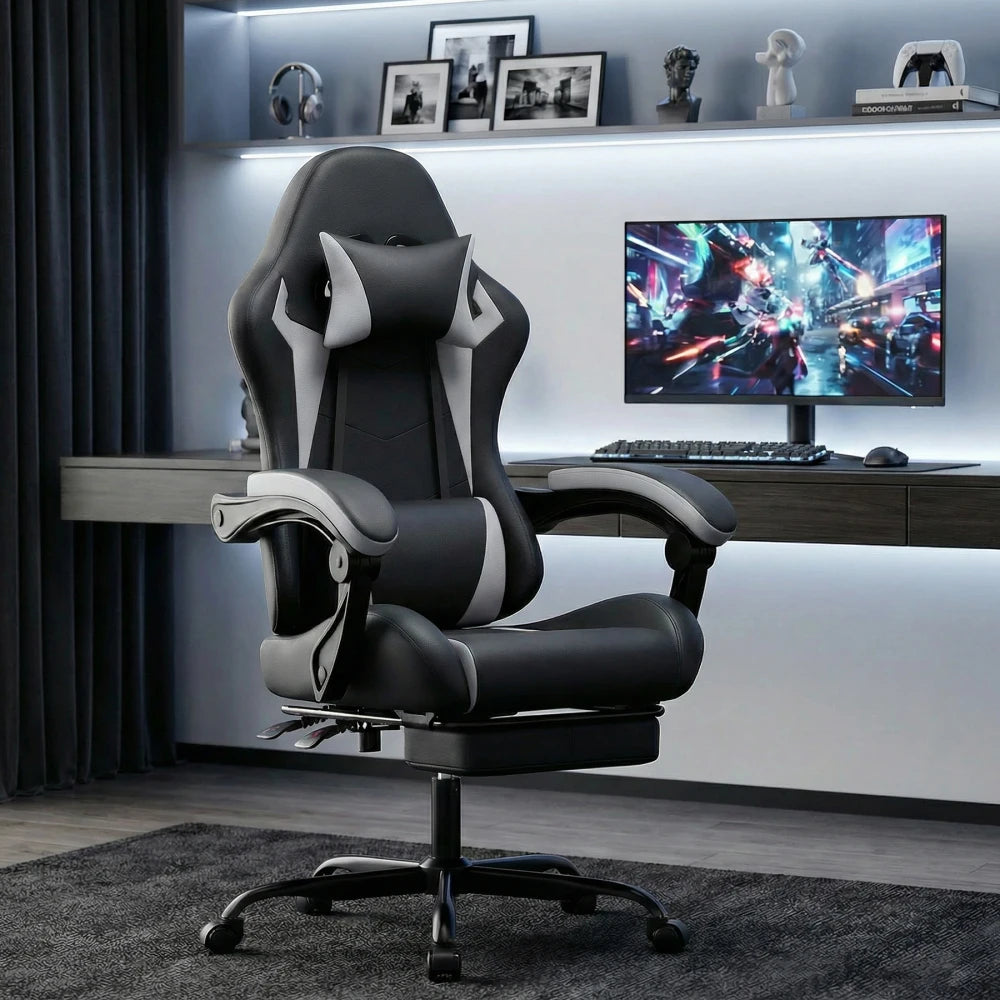 Ergonomic Gaming Chair with Lumbar Support, Adjustable Headrest, Footrest, Height Adjustable Office Gaming Chair for Adults