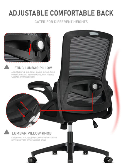 Milacyee Ergonomic Office Chair with Lumbar Support, Adjustable Desk Chair, 90° Flip-Up Armrest, Height Adjustable Mesh Executive Chair