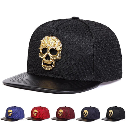 Skull Baseball Cap - Alloy Rhinestone PU Leather Brim Flat Cap, Hip-Hop Street Style Hat for Men & Women"