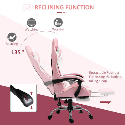 Gaming Chair Computer Chair Ergonomic Office Chair with Headrest Lumbar Pad Height Adjustable 360° Rotation Pink + White