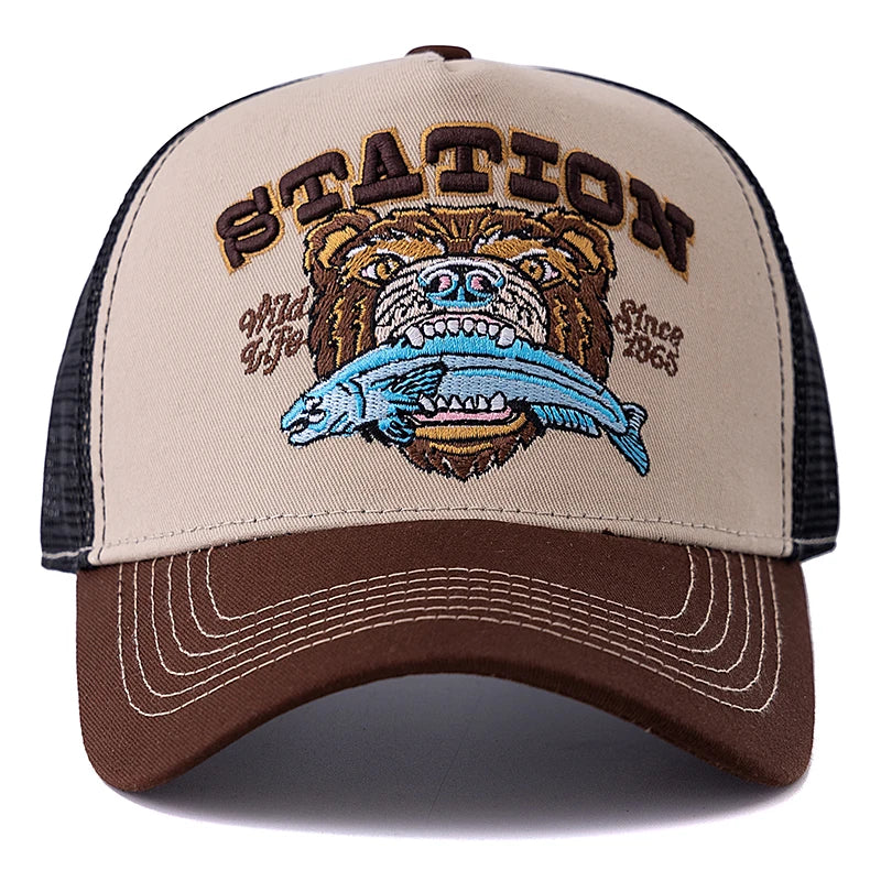 Hot Sale Unisex Bear Head Pattern Cap Summer Breathable Trucker Hat Man Women Outdoor Fishing Snapback Cap