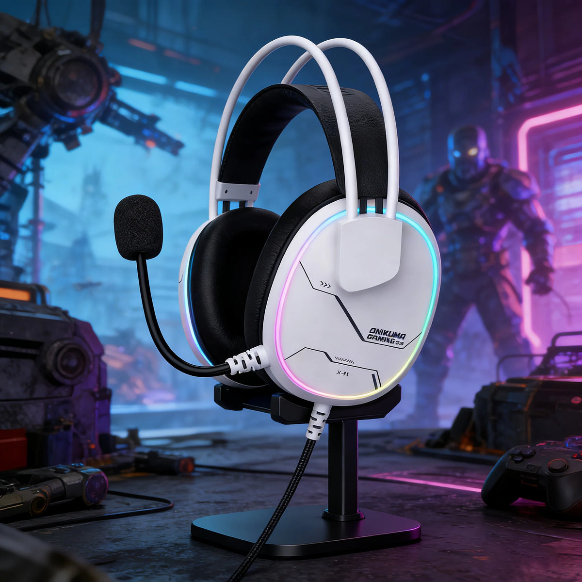ONIKUMA X91, casque de jeu filaire avec éclairage RGB, casque supra-auriculaire avec microphone flexible, prise audio 3,5 mm pour PC, PS4, ordinateur portable, idéal pour les joueurs.