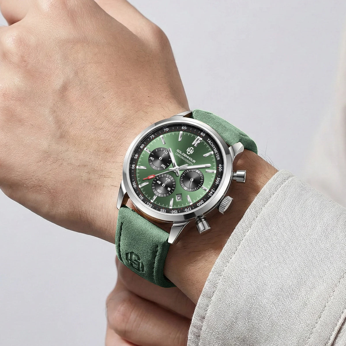 Reloj de lujo para hombre GOLDENHOUR: cronógrafo de cuarzo, esfera verde, correa de piel, resistente al agua, luminiscente, estilo militar y deportivo
