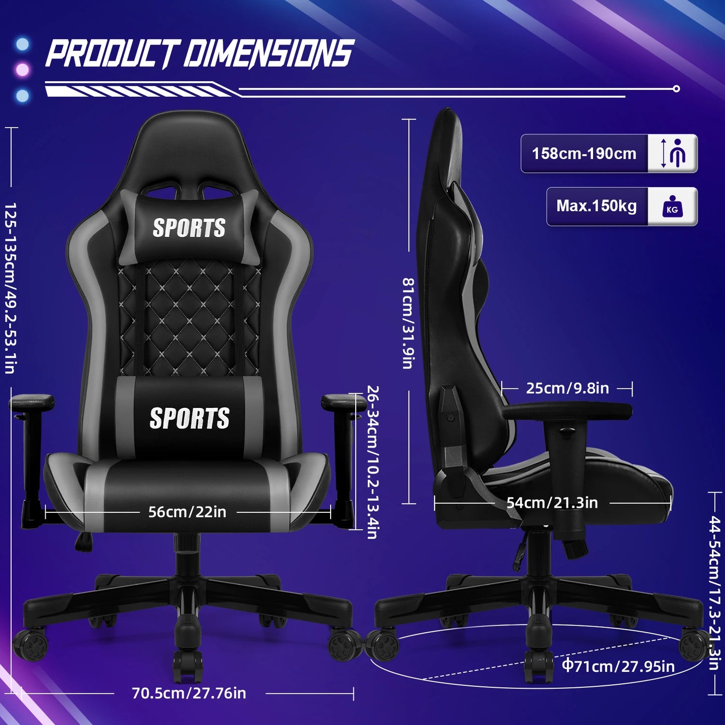 Daccormax Ergonomic Gaming Chair with Lumbar Support, 170° Reclining Office Chair, Adjustable Armrests, Comfortable Computer Chair for Work & Gaming