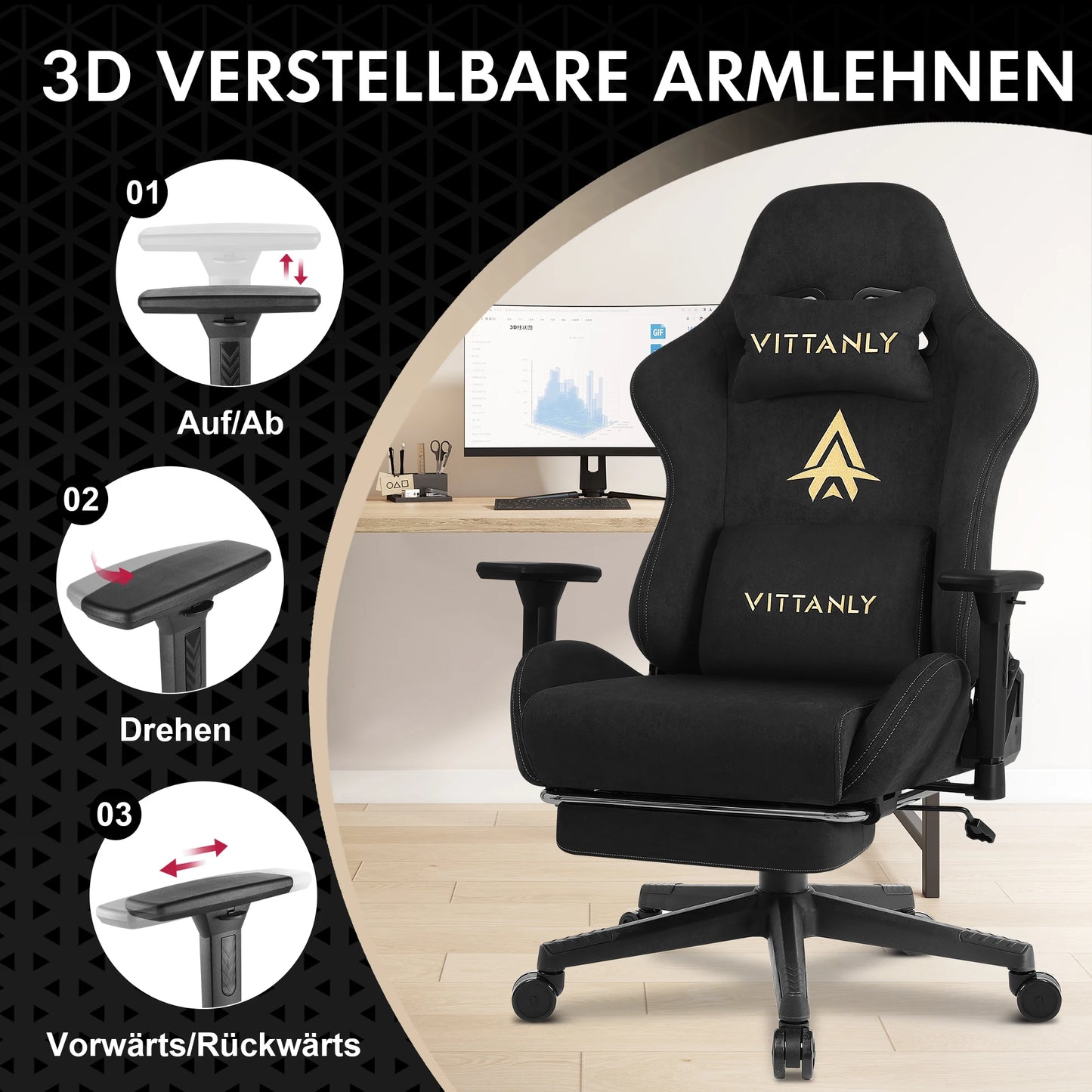 HAPIHAPPY Fashion Gaming Chair Genuine Leather Computer Office Chair with Footrest, Pocket Spring Cushion, Linkage Armrests, Ergonomic Game Chair
