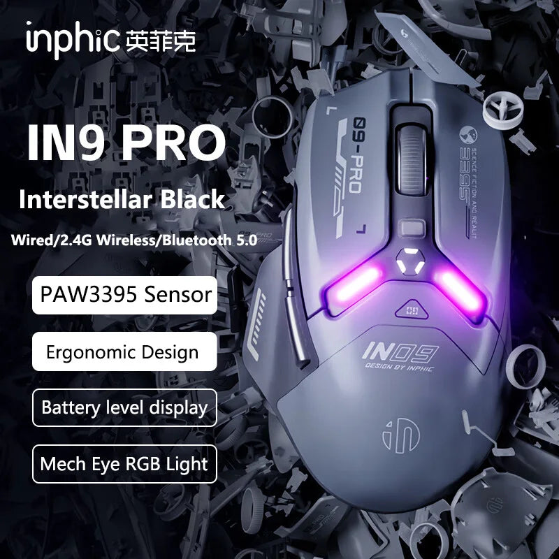 Ratón gaming inalámbrico Inphic IN9PRO 26000DPI, tasa de sondeo 8K, Bluetooth 5.0, con cable, 2.4G, trimodo, RGB, ergonómico