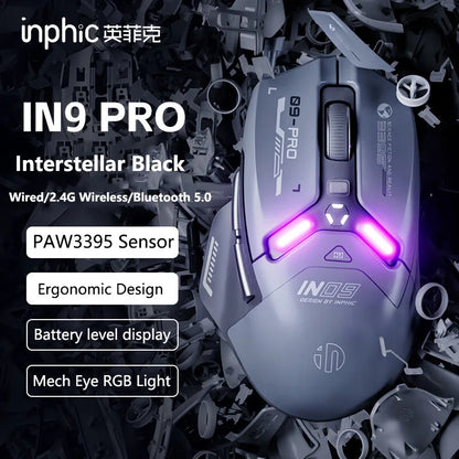 Ratón gaming inalámbrico Inphic IN9PRO 26000DPI, tasa de sondeo 8K, Bluetooth 5.0, con cable, 2.4G, trimodo, RGB, ergonómico