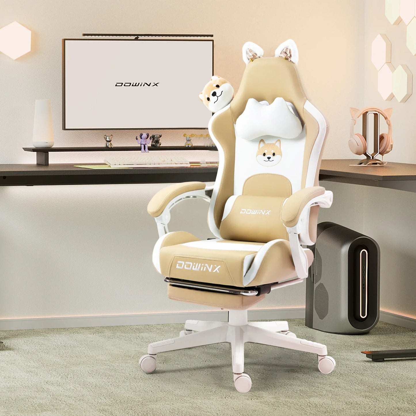 Niedlicher Gaming-Stuhl mit Katzenohren, Fußstütze, pinker Kawaii-Computerstuhl, ergonomischer Gamer-Sitz mit hoher Rückenlehne und Lendenstütze in Katzenpfotenform