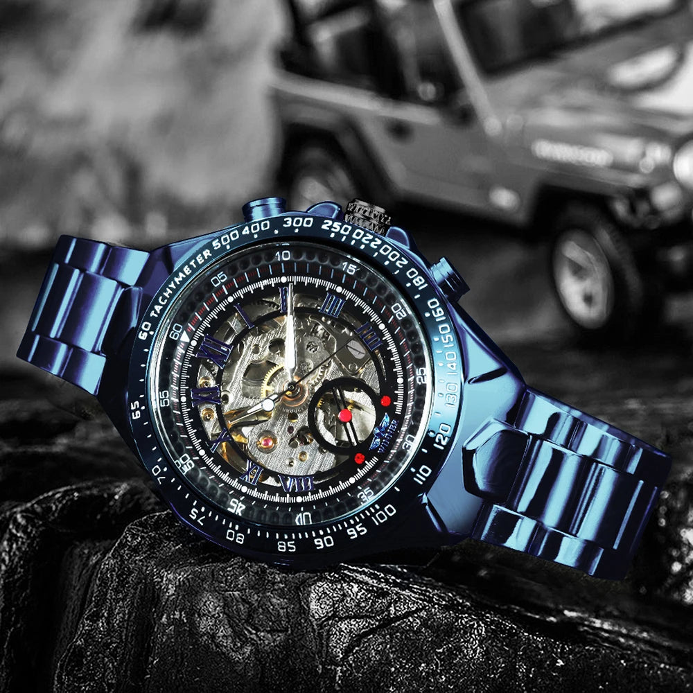 Reloj automático para hombre WINNER: modelo esqueleto transparente, agujas luminiscentes, correa de acero inoxidable, reloj mecánico de marca de lujo