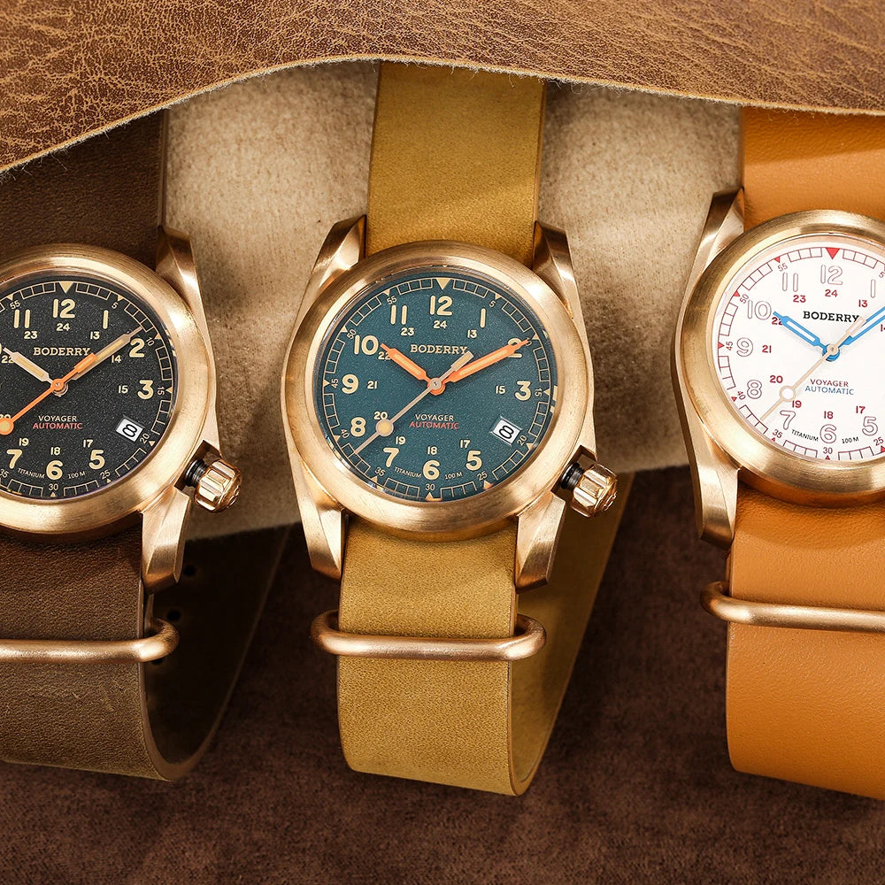 Boderry Field Watches Bronze Case Automatic Mechanical VOYAGER Watch Men's 100M Waterproof Clock Military Top Brand Wristwatch