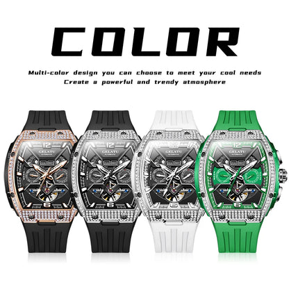 GELATU 6016 High-end Full Diamond Automatic Mechanical Watch for Men Multifunction Hollow Silicone Strap Men's Wristwatches