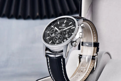 Reloj de lujo para hombre Benyar: cronógrafo con fecha, correa de piel, resistente al agua, luminiscente, estilo deportivo y militar, reloj de cuarzo