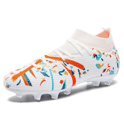Chaussures de football mi-hautes FG pour terrain ferme, empeigne texturée imprimée graffiti, bottes de football à lacets, crampons durs transparents professionnels