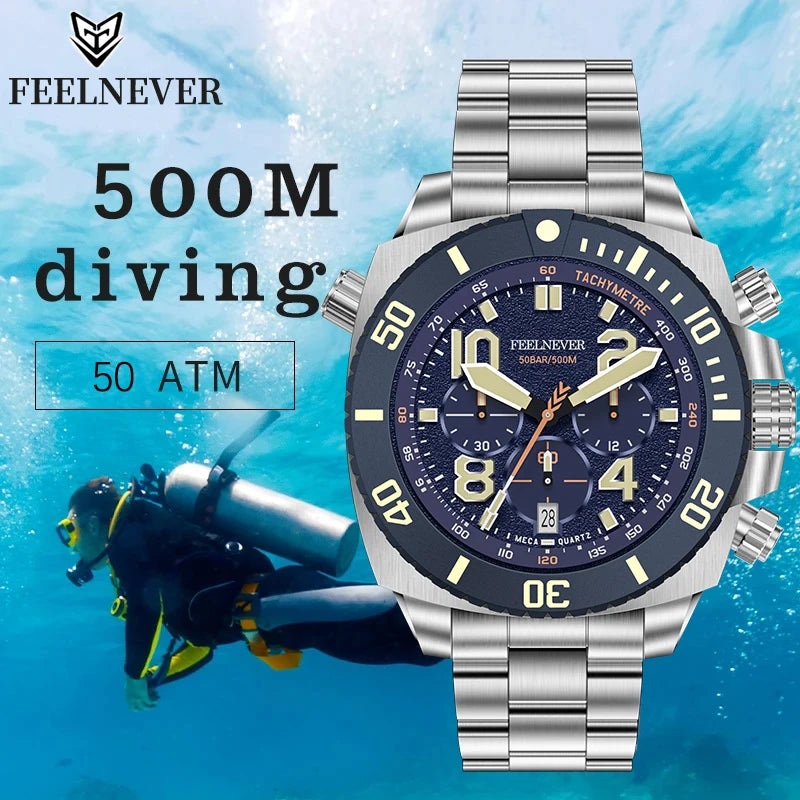 FeelNever Sport Automatic Movement Quartz Watch Stainless Steel Sapphire Crystal Watches Men 500M Waterproof Clocks Reloj Hombre