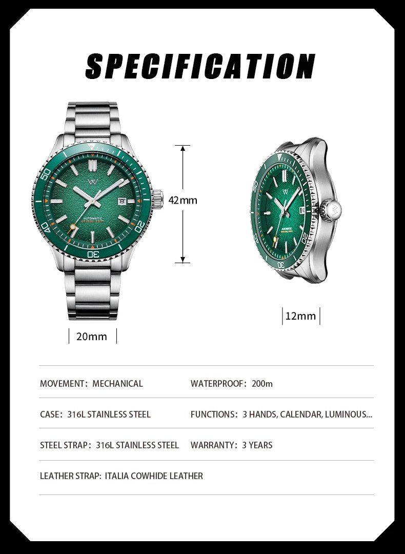 WM Watch Automatic Mechanical Dive Watch Man MIYOTA 8215 Waterproof Stainless Steel Sapphire Welly Merck Diving Watches WM046
