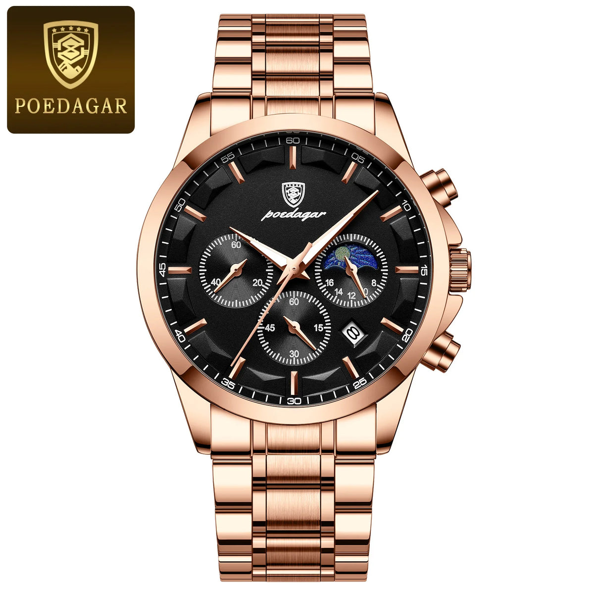 Luxe herenpolshorloge van POEDAGAR, militaire stijl, waterdicht, verlicht, chronograaf, roestvrij staal, quartz, inclusief doos.