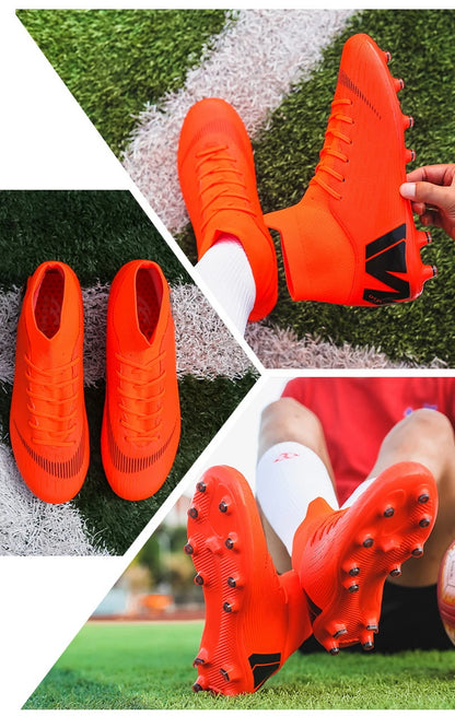 Crampons de Football pour hommes, bottes de Football, crampons d'entraînement, professionnels, résistants à l'usure, antidérapants, longues pointes TF/FG, rouge, nouveau