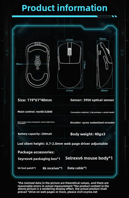 SCYROX V6 non-porous wireless mouse esports 40g 750IPS with 8k receiver fast response pixart 3950 high quality 8KHz web driver