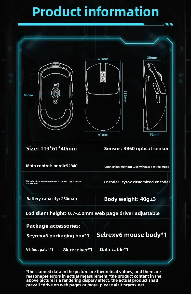 SCYROX V6 neporézna bezdrôtová esports myš 40g 750IPS s 8k prijímačom, rýchlou odozvou 3950, vysokokvalitná 8KHz herná myš