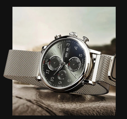 Relógio masculino mecânico automático LOBINNI Luxury Brand Switzerland com calendário perpétuo, vidro de safira e mostrador multifunções L13019-8