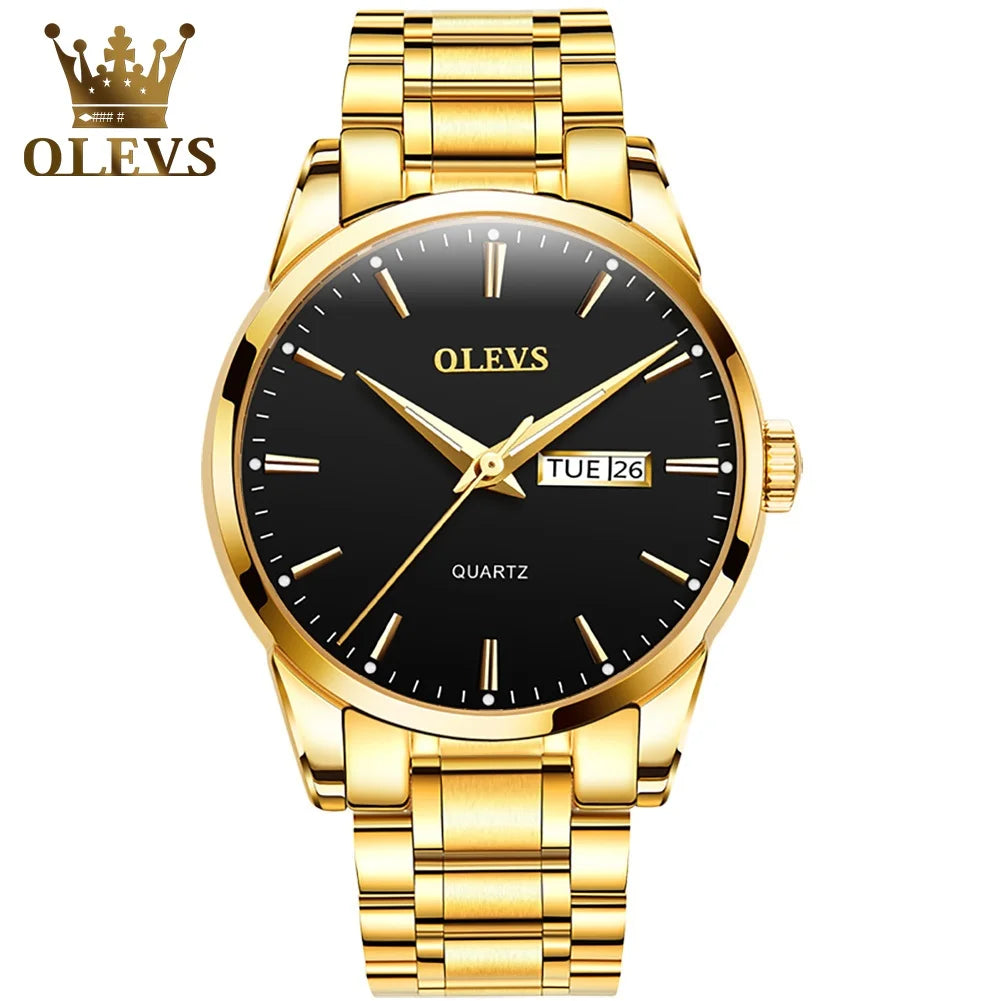 Montre pour homme OLEVS – Montre-bracelet à quartz en acier inoxydable, étanche, dorée, élégante et lumineuse, accessoire de luxe pour hommes