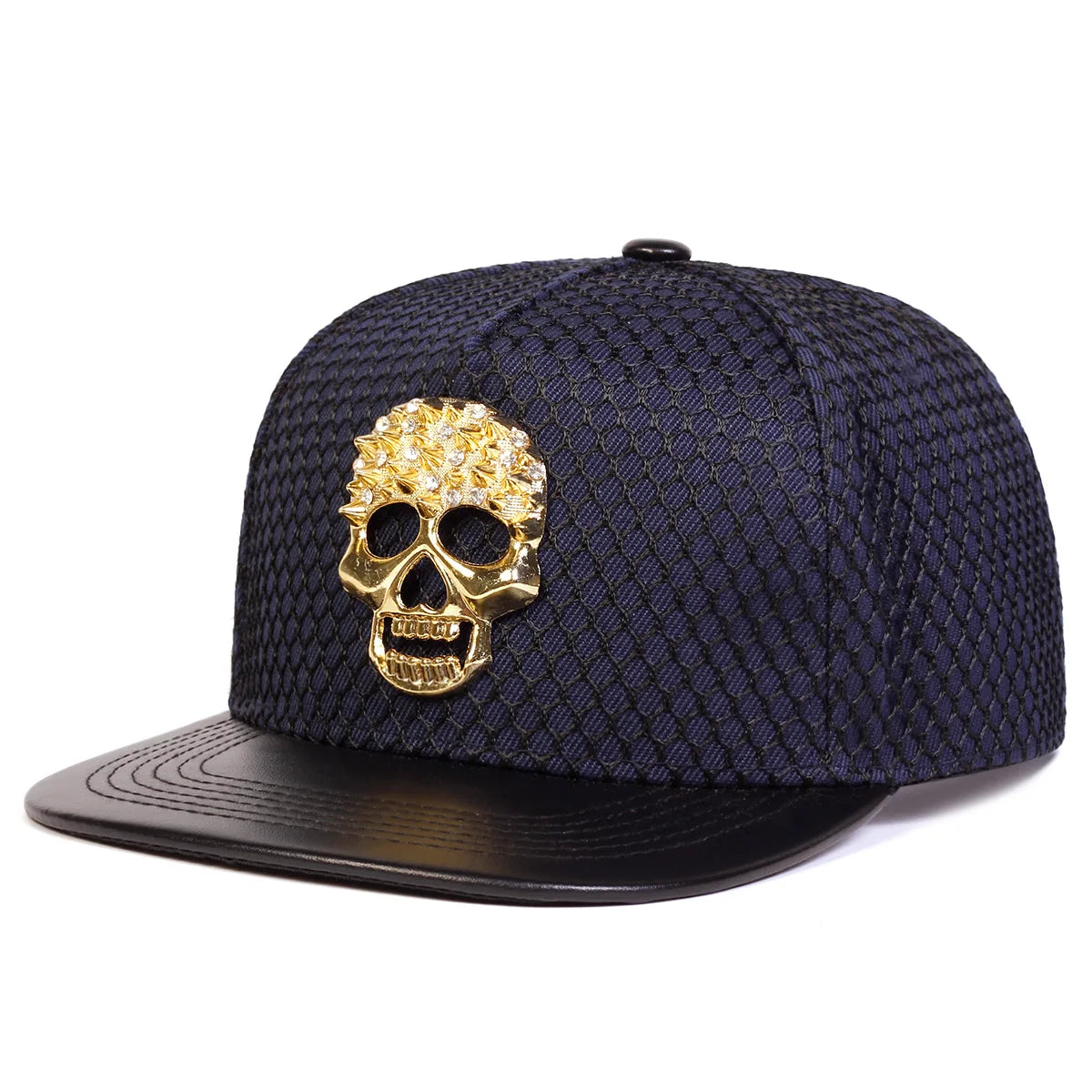 Skull Baseball Cap - Alloy Rhinestone PU Leather Brim Flat Cap, Hip-Hop Street Style Hat for Men & Women"