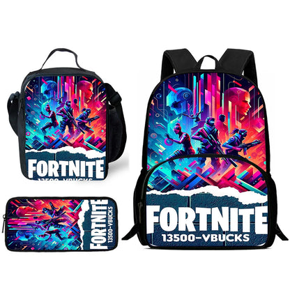 Klassisches FortniteS-Schulrucksack-Set für Kinder mit Lunchtasche und Federmäppchen, große Kapazität, für Jungen und Mädchen, ideales Geschenk