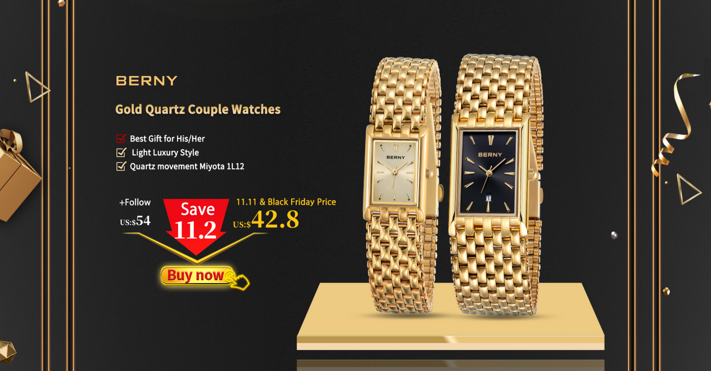 BERNY Women Watch Ladies Quartz Roman Numerals Day Top Calendar Watches Sapphire Glass Solid Steel Strap Women Wristwatch