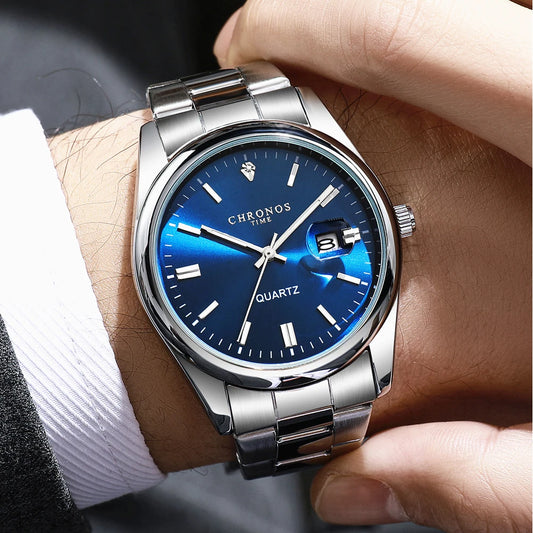 Montre-bracelet pour homme CHRONOS – Marque de luxe, étanche, lumineuse, avec affichage de la date, en acier inoxydable, à mouvement à quartz.