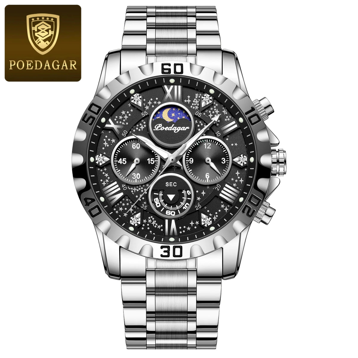 POEDAGAR herenhorloge – Luxe chronograaf, waterdicht en lichtgevend, van roestvrij staal, in sportieve en militaire stijl, met quartz uurwerk