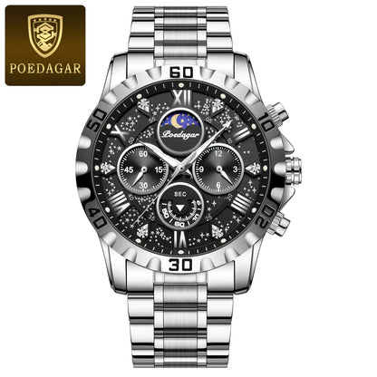 POEDAGAR herenhorloge – Luxe chronograaf, waterdicht en lichtgevend, van roestvrij staal, in sportieve en militaire stijl, met quartz uurwerk
