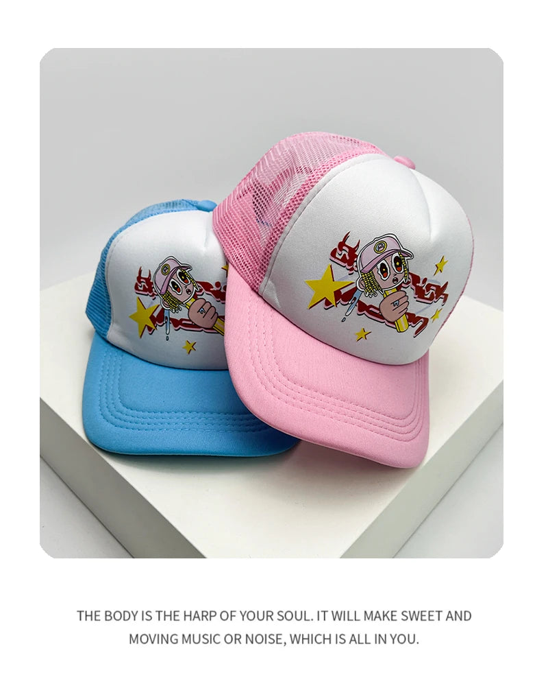 American Style Cruise Printed Anime New Letter Mesh Trucker Caps Sunshade Breathable Baseball Hats Men Women Versatile Fashion