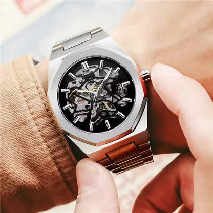 FORSINING 344D Top Brand Luxury Skeleton Automatic Mechanical Men's Watch Hollow Design Luminous Stainless Steel Strap Clock Men