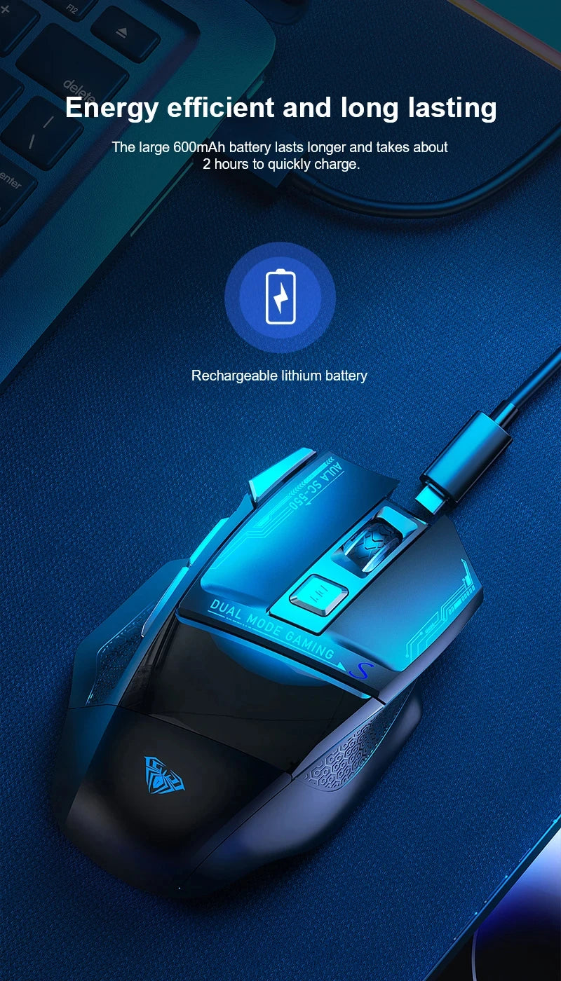 AULA SC550 bežični gaming miš, dvostruki način rada, punjivi svjetleći mehanički gaming miš za stolno/prijenosno računalo, e-sports USB miš
