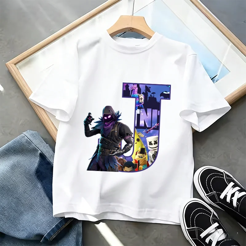 Fortnite A-Z Alphabet Print T Shirt Summer Kids White Clothing Popular Cartoon Game T Shirt Fashion Casual Short Sleeve Top Gift