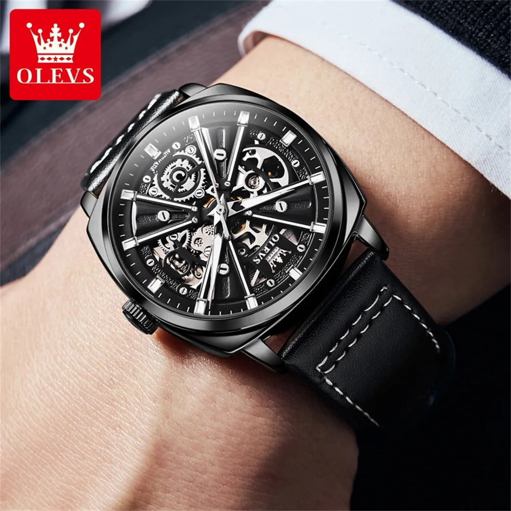OLEVS 6685 Men's Watches Mechanical Wristwatch 30m Waterproof Luminous Leather Strap Original Man Watch