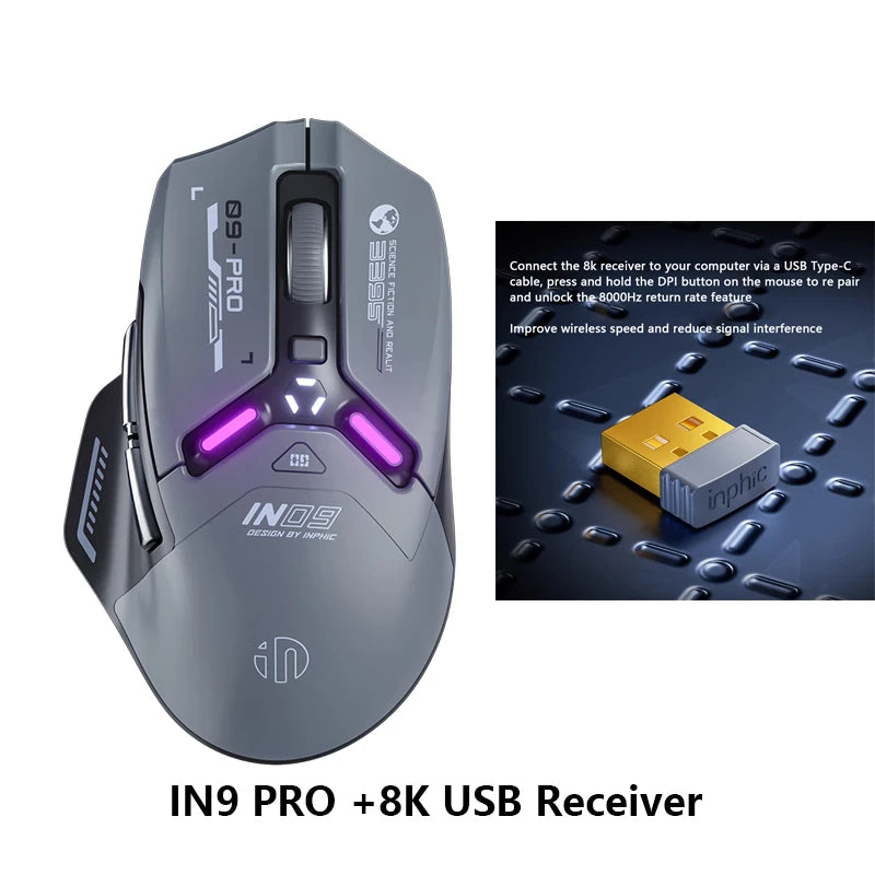 Ratón gaming inalámbrico Inphic IN9PRO 26000DPI, tasa de sondeo 8K, Bluetooth 5.0, con cable, 2.4G, trimodo, RGB, ergonómico