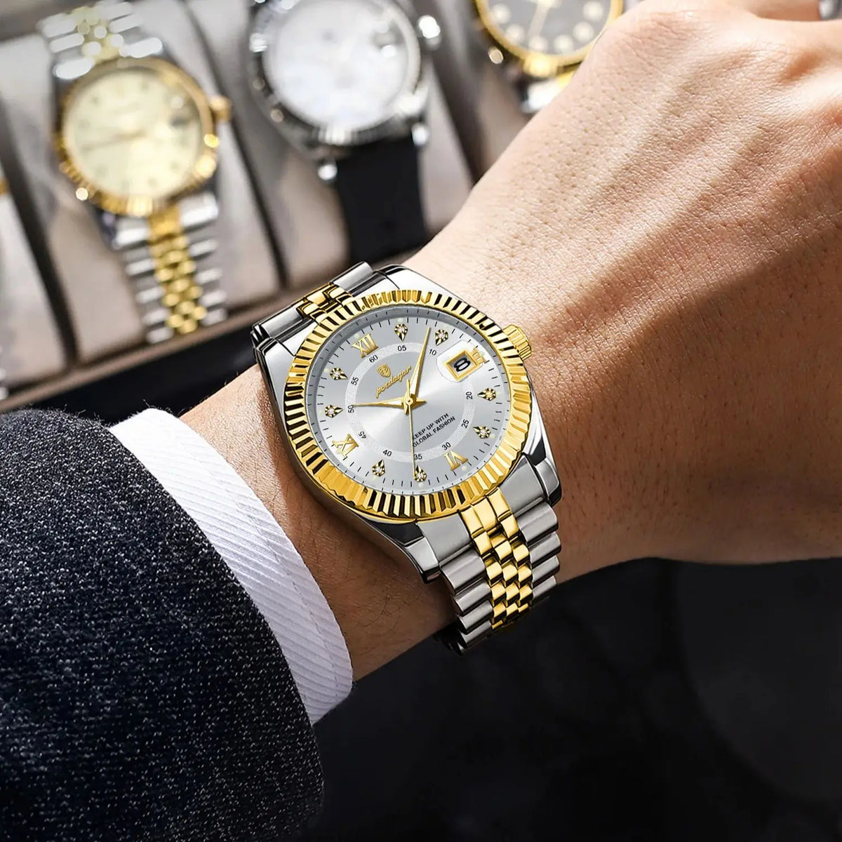Klassische und luxuriöse Quarz-Herrenuhr von POEDAGAR – Edelstahlgehäuse, Datumsanzeige, wasserdicht, leuchtende Zeiger – Elegante Armbanduhr für die Arbeit oder formelle Anlässe