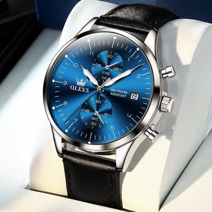 OLEVS 2880 herenhorloge – Elegante en strakke chronograaf, leren band, automatische datumweergave, waterdicht, lichtgevende wijzers, quartz uurwerk.
