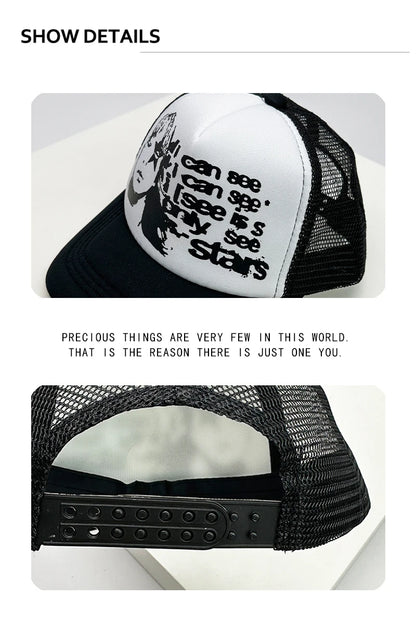 American Style Cruise Printed Anime New Letter Mesh Trucker Caps Sunshade Breathable Baseball Hats Men Women Versatile Fashion