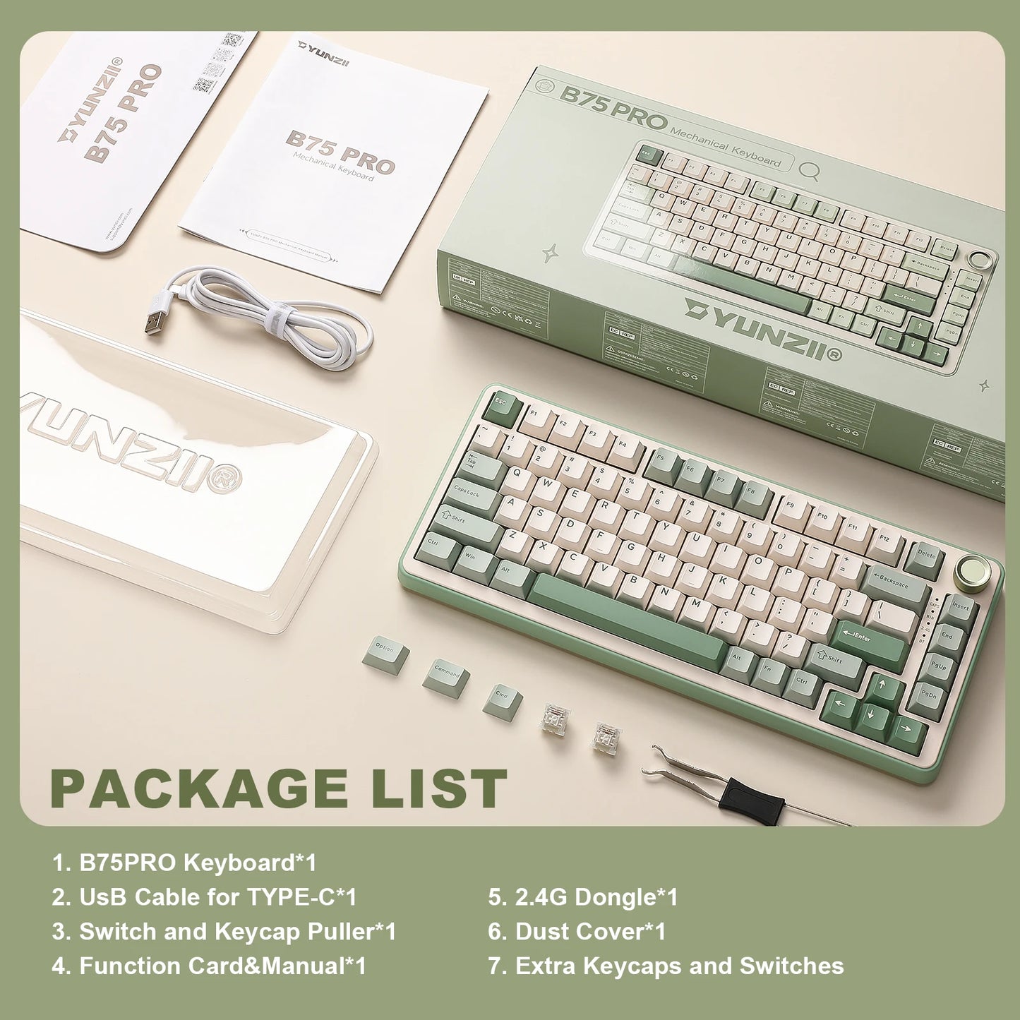 YUNZII B75 PRO Green Mechanical Gaming Keyboard, Gasket 75 Knob RGB Keyboard, BT/Wired/Wireless Hot-Swap Custom Creamy Keyboard