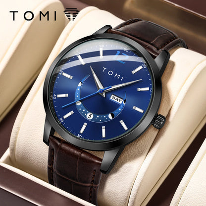 Montre à quartz TOMI, style business et élégant, avec bracelet en cuir, boîtier en alliage et cadran à aiguilles – Design haut de gamme, idée cadeau pour homme