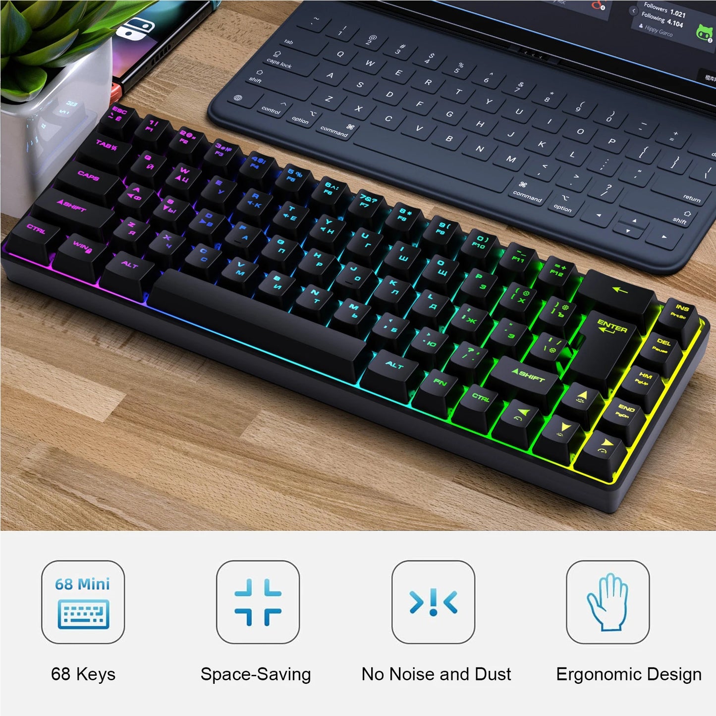 68-Key Russian English Mechanical Gaming Keyboard Dual Language Keyboard RGB Backlit Gaming Mechanical Keyboard for Gaming
