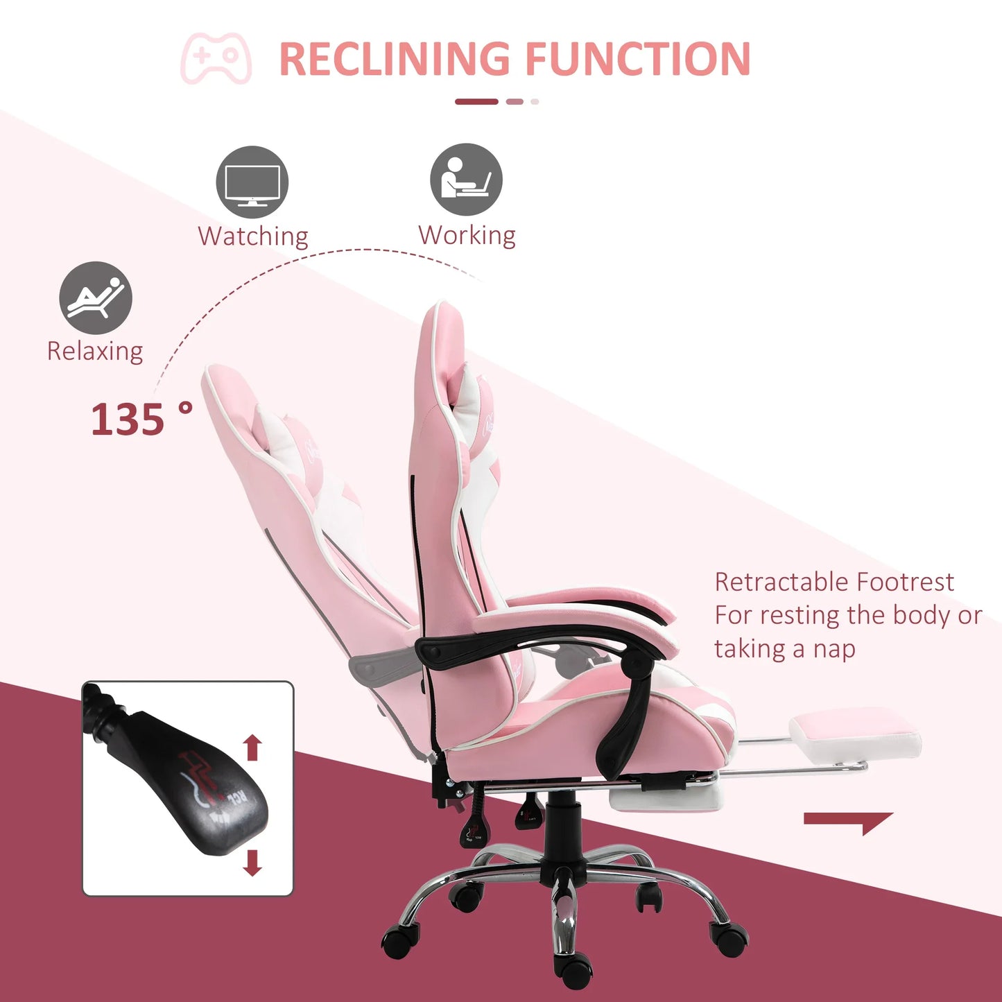 Gaming Chair Computer Chair Ergonomic Office Chair with Headrest Lumbar Pad Height Adjustable 360° Rotation Pink + White