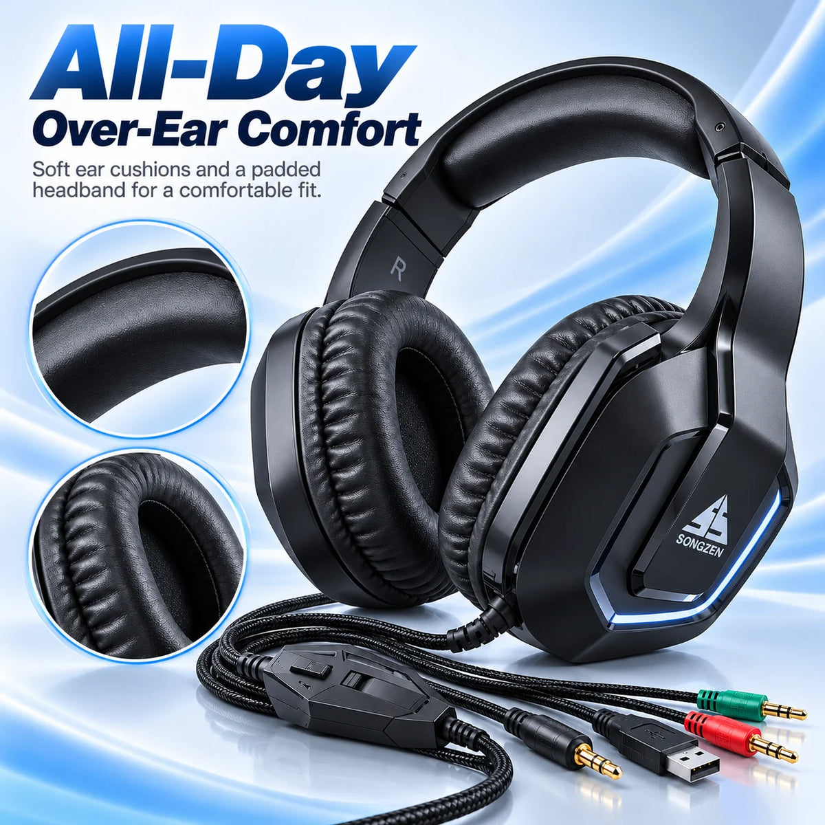 Casque de jeu D3, casque stéréo filaire à porter sur l’oreille, confortable, sans microphone, pour PC, ordinateur portable, écoute de musique et jeux.
